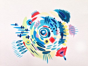 "Untitled [Multi-color Cyclone]" (2016) Acrylic on paper, 4 x 6 inches.